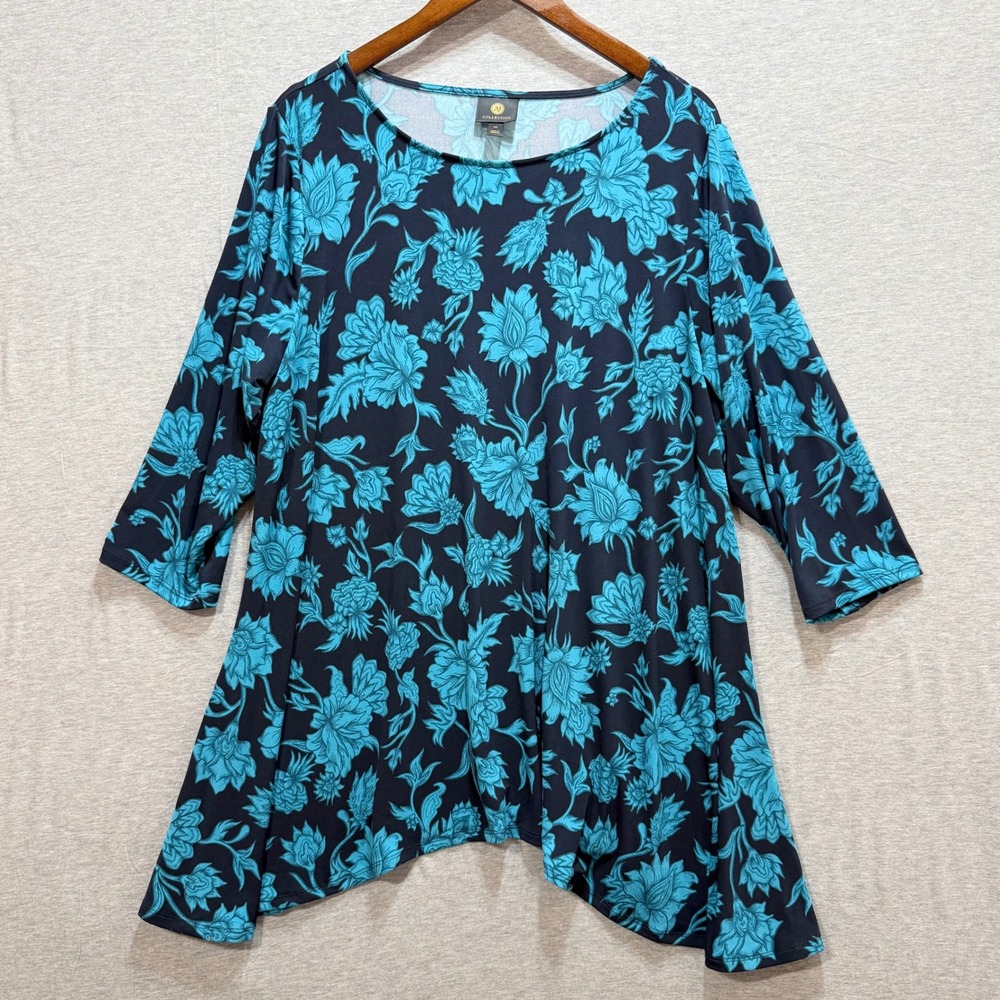 JM Collection Tunic Top Women 2X Navy Teal Floral Sharkbite 3/4 Sleeve Coquette